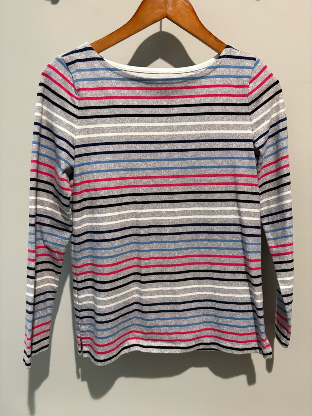 Talbots Striped Long-Sleeve Boatneck Top in White, Pink, Blue